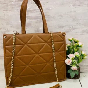 Quilted Tan Tote Bag with Detachable Chain Strap